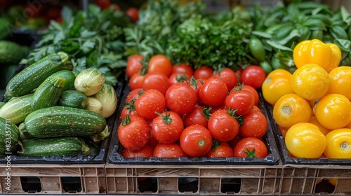 This image showcases a selection of fresh vegetables  including tomatoes and zucchini  at a grocery store