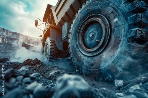 Dramatic view of a large mining truck in action at a quarry site, with dust and rocks conveying industrial power