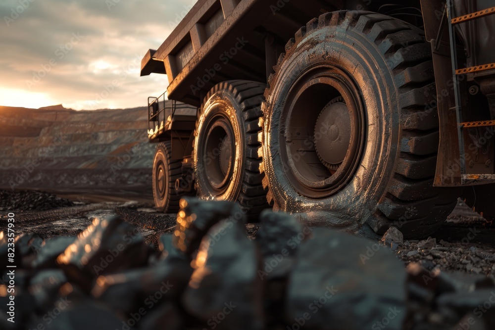 Dramatic close-up shot of the giant wheels of a large mining truck at a quarry with dirt and pebbles foreground Dramatic close-up shot of the giant wheels of a large mining truck at a quarry with dirt and pebbles foreground