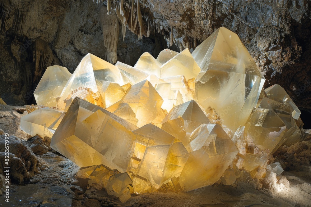 Translucent massive crystal formations with a complex structure create ...