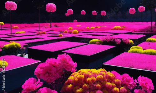 abstractions of a city park with environmental objects, black squares fields with pink geraniums. neon pink, neon yellow. black. bright colors. in the style of Hughes Balls, hot pink color, neon yello photo