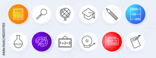 School supplies set icon. Calculator, magnifying glass, globe, graduation cap, pencil, abacus, test tube, percentage, math board, school bell, back to school, notebook. Education concept.