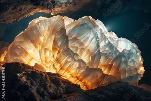 Ethereal glow of a large translucent crystal formation within a mystical cave environment highlighted by artificial lighting