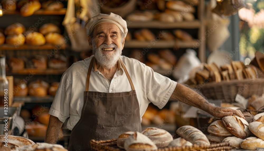 An elderly baker in an apron smiling proudly before fresh baked bread in an artisan bakery, conveying experience and tradition, with banner space