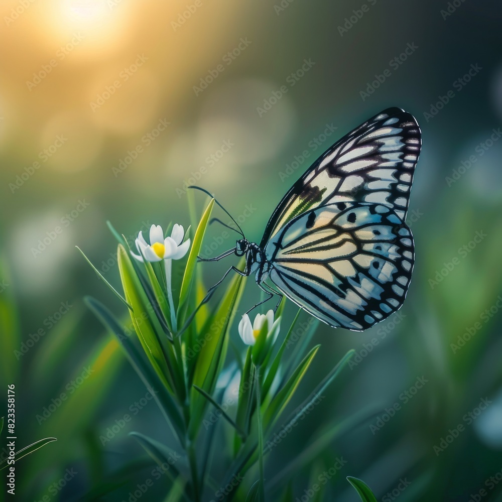 Obraz premium Beautiful Butterfly on Blurred Background, Rice Paper Butterfly Banner with Copy Space, Meadow Butterfly