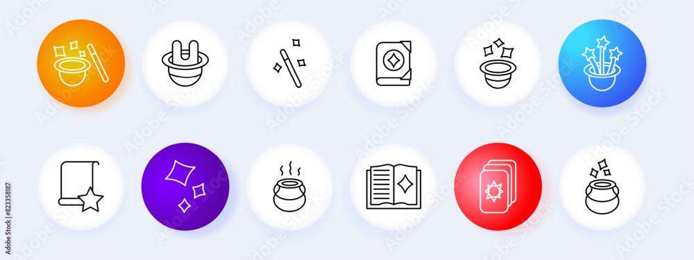 Magic tricks set icon. Magic hat, wand, book, potion, star, sparkles, cauldron, spell, cards. Fantasy and illusion concept.