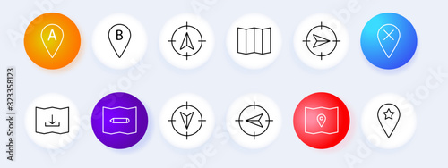 Navigation and map set icon. Location marker, map, direction, navigation target, map pin, destination, map download, favorite location. Navigation and mapping concept.
