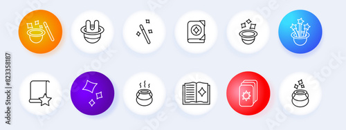 Magic tricks set icon. Magic hat, wand, book, potion, star, sparkles, cauldron, spell, cards. Fantasy and illusion concept.