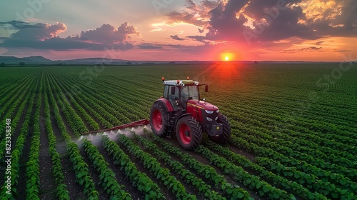Aerial view of a red tractor plowing the green fields during a vibrant sunset  showcasing agriculture
