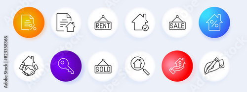 Real estate set icon. Contract, rent, sale, percentage, handshake, key, magnifying glass, sold sign, property, home. Real estate transaction, buying, selling, renting concept.