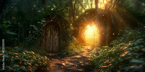 Secret Wooden Door: Gateway to Enchanted Forest and Mystical Light. Concept Enchanted Forest, Mystical Light, Secret Door, Wooden Gateway, Fantasy Realm