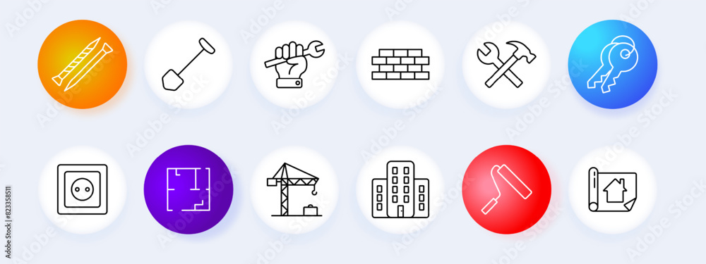 Construction and building set icon. Nails, shovel, wrench, hand tool ...