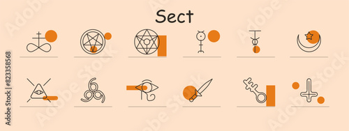Symbols set icon. Cross, infinity, pentagram, mystical signs, eye, dagger, key, crescent moon, star. Esoteric and occult concepts.