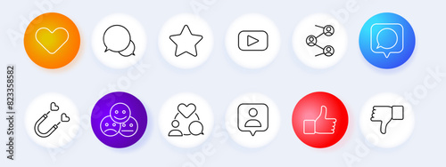 Social media and communication set icon. Heart, chat, star, video, share, comment, magnet, group, feedback, profile, thumbs up, thumbs down. Social interaction concept.