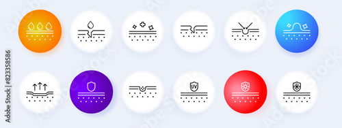 Skincare and protection set icon. Moisture, hydration, barrier, healing, absorption, anti-aging, SPF, UV protection, acne, repair, defense, care. Skincare routine concept.