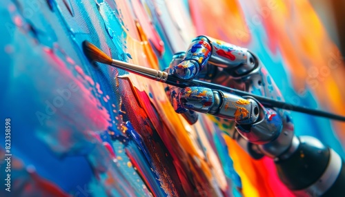 A robotic arm holding a paintbrush creating vibrant, colorful artwork on canvas, merging technology with creative expression photo