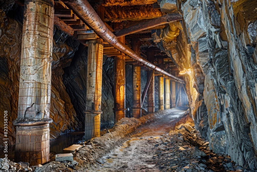Fototapeta premium The image showcases an underground mine with structural support beams and pipes, illuminated by lights