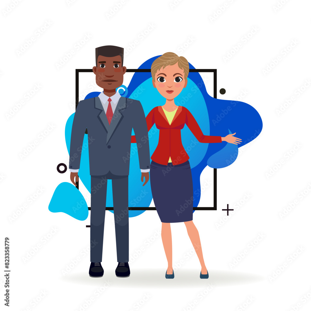 Business team in formal wear. African American businessman and Caucasian businesswoman greeting partners. International business concept. Vector illustration can be used for topics like partnership Business team in formal wear. African American businessman and Caucasian businesswoman greeting partners. International business concept. Vector illustration can be used for topics like partnership