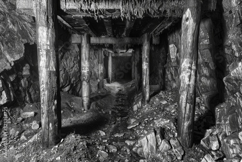 A black and white photo of a dilapidated mine tunnel with old wooden beams supporting the rocky walls photo