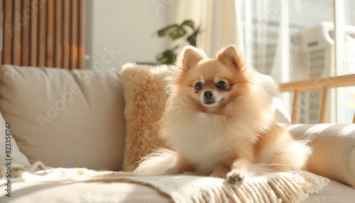 An adorable fluffy Pomeranian dog sitting happily in a cozy, stylish living room setting, emphasizing comfort and pet-friendly home decor