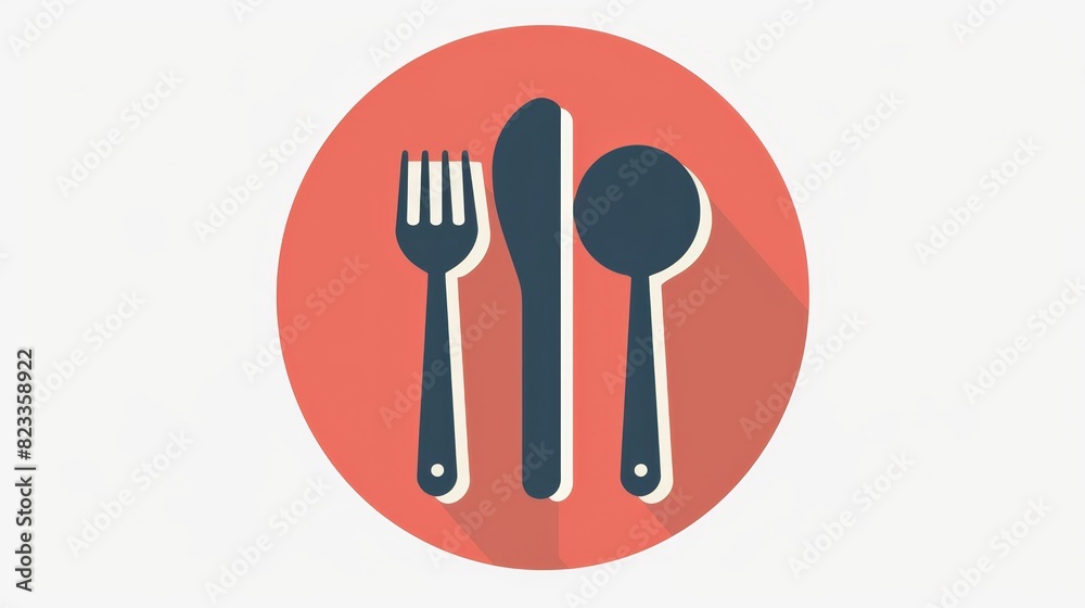 Stylized graphic of a fork, spoon, and knife arranged vertically within a red circular background Stylized graphic of a fork, spoon, and knife arranged vertically within a red circular background