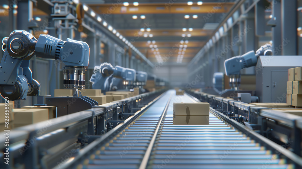A factory with robots on a conveyor belt A factory with robots on a conveyor belt