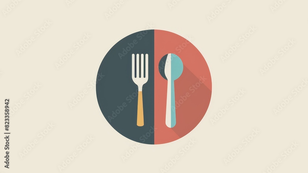 Stylized graphic of a fork and spoon placed on a circular background that is divided into two halves Stylized graphic of a fork and spoon placed on a circular background that is divided into two halves