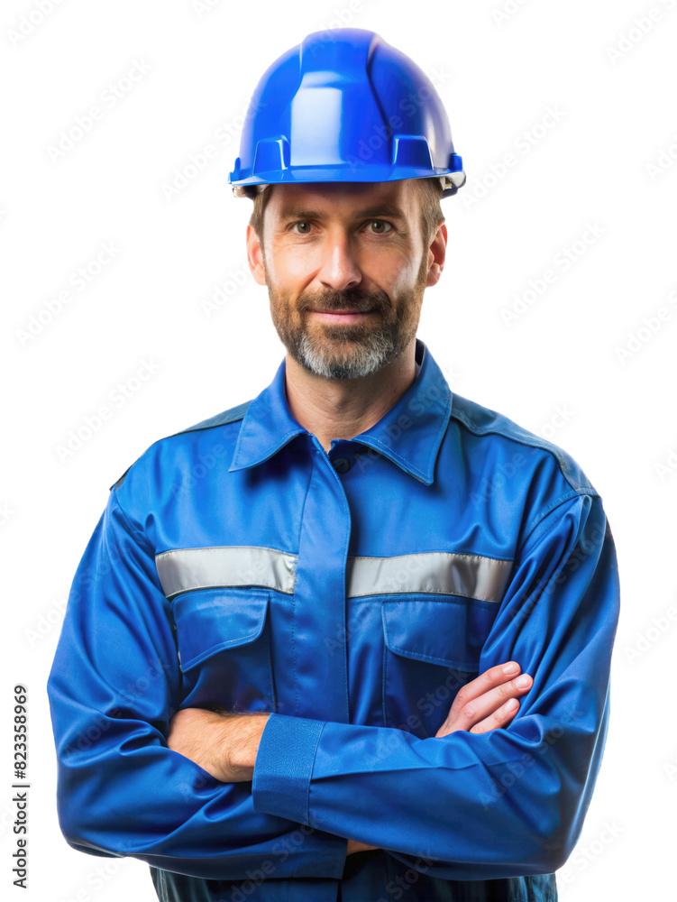 Construction Worker in Blue Uniform and Safety Helmet Isolated on White Transparent Background, png element Construction Worker in Blue Uniform and Safety Helmet Isolated on White Transparent Background, png element
