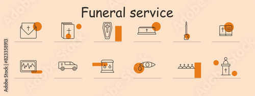 Funeral service set icon. Invitation, bible, coffin, casket, candle, eulogy, heart monitor, hearse, urn, tear, cemetery, pastor. Mourning, memorial, remembrance.