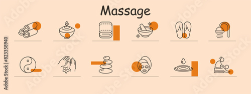 Massage set icon. Towels, candle, massage table, mortar and pestle, flip flops, shower, yin yang, hands, stones, face mask, oil, masseur. Relaxation, therapy, spa.