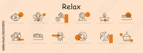 Relaxation icon set. Teapot, face mask, brush with oil, serene woman, candle, spa massage, beauty treatment, acupuncture, body contouring, medical cross, healing herbs, hanging towel