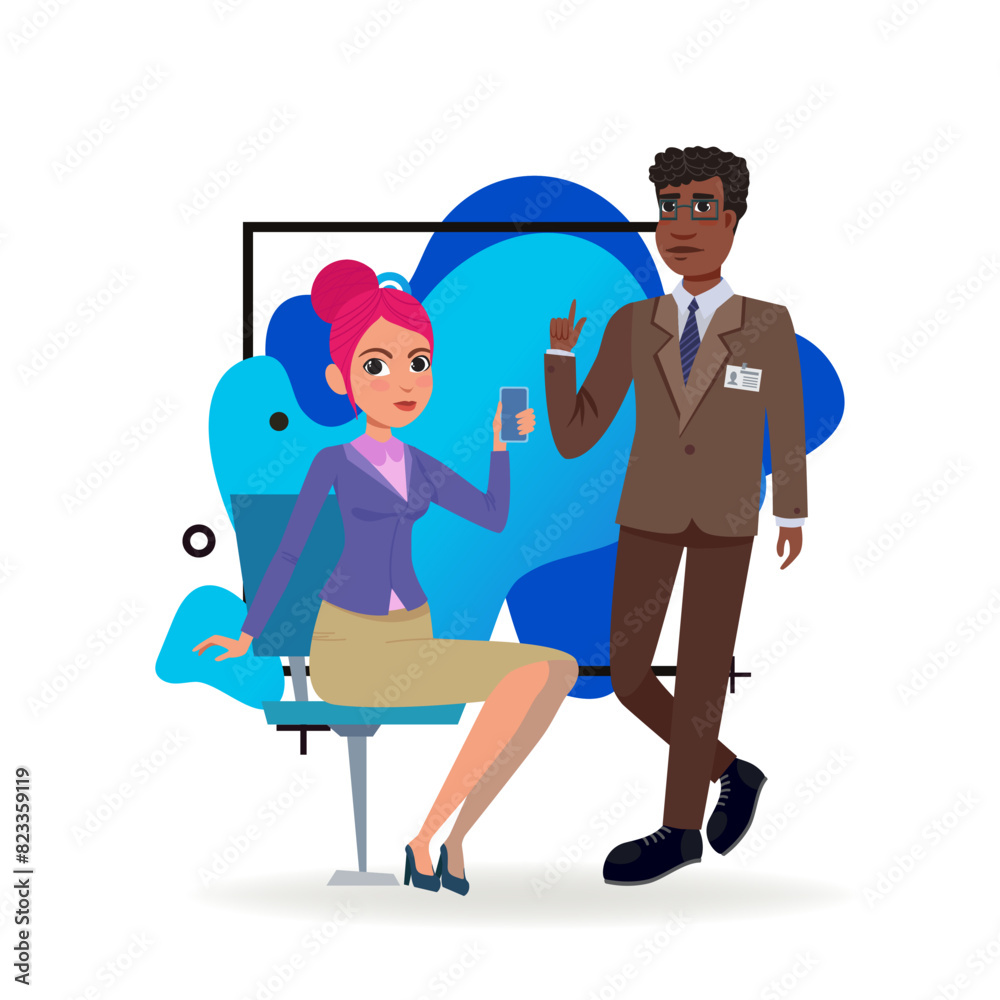 Businesswoman talking on smartphone, African American colleague with finger up nearby. Flat vector illustration. Colleagues in formal wear working in office. Business project,, teamwork concept