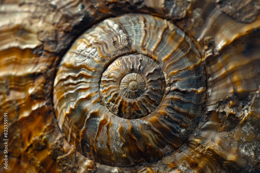 Aged snail shell displays a striking spiral pattern and textured surface captured in a macro photograph