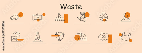 Waste set icon. Car exhaust, broken pipe, bottle in water, oil spill, radioactive waste, landfill, factory emissions, nuclear waste, water pollution, CO2, plastic waste. Pollution concept.