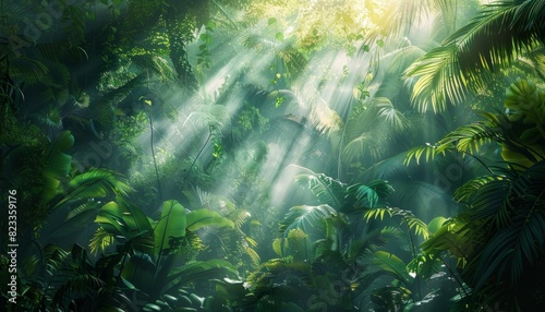 Mystical sunlight rays filtering through a lush green tropical rainforest canopy, creating a magical and invigorating environment photo