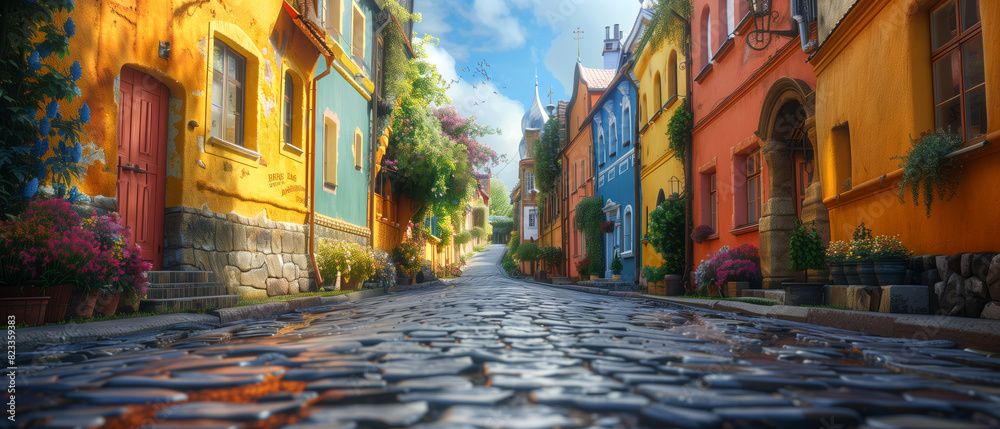Whimsical rainbow-colored houses lining a cobblestone street