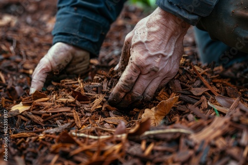 Hands mulching soil with bark chips in garden, mulch closeup, crushed wood pieces, copy space photo