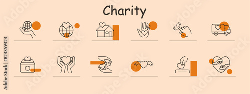 Charity set icon. Heart in hands, ribbon, handshake, dove, paw in hand, group of hands, t-shirt with heart, holding heart, aid package, home care, donation. Charity, volunteer, help, support