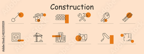 Construction set icon. Shovel, wrench, brick wall, tools, keys, utility knife, power socket, crane, building, blueprint, paint roller, floor plan. Building, construction concept.