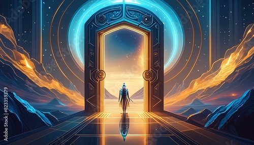 opening the door to succes abstract Futuristic science fiction concept of doorway illustration photo