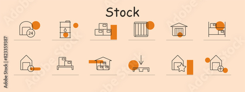 Stock set icon. Warehouse, storage tank, crates, storage shelves, inventory, shipping container, packages, stockroom, pallet, supply chain, warehouse with star. Inventory concept