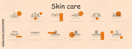 Skincare and protection set icon. Moisture, hydration, barrier, healing, absorption, anti-aging, SPF, UV protection, acne, repair, defense, care. Skincare routine concept.