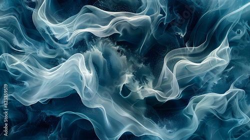 A photo featuring fluid motion and dynamic compositions of abstract shapes seen from above. Highlighting the graceful curves and flowing lines, while surrounded by ethereal patterns that suggest a sen