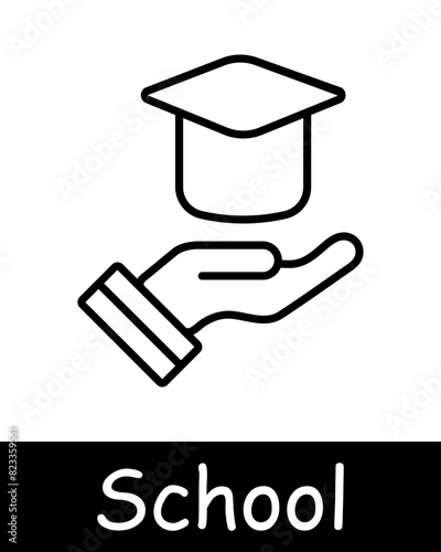 School line icon. Book, tools, bell, math, sport, Graduation cap, hand, education, academic achievement, learning, student, scholarship, support, knowledge, institution, teaching.