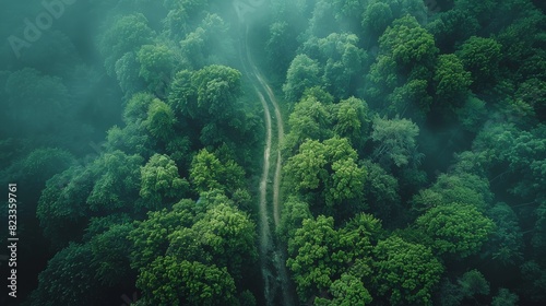 Serene top-down shot of a simple dirt path cutting through a dense, green forest, offering a sense of peace