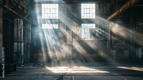 Abandoned industrial building with sunlight beams