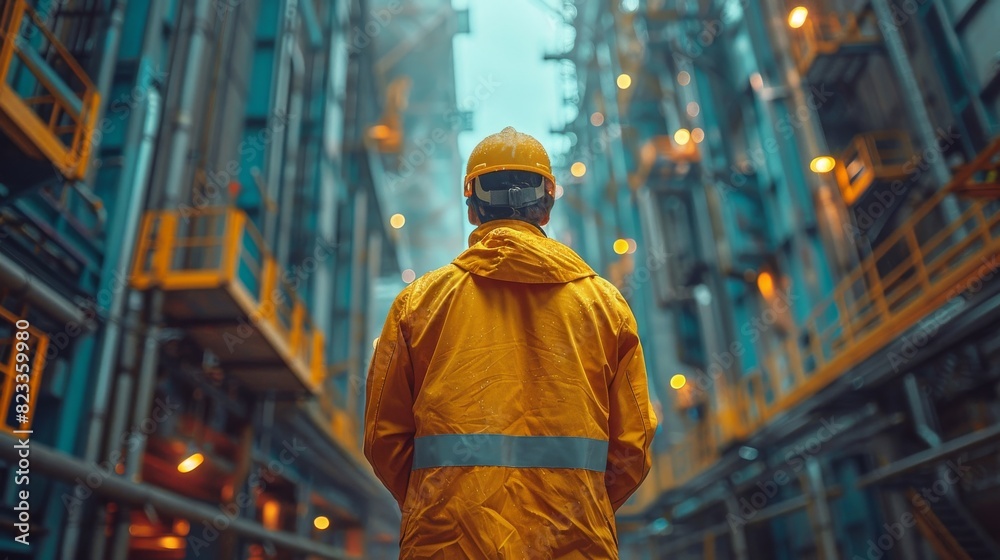 An engineer in protective clothing stands at a large industrial complex during twilight