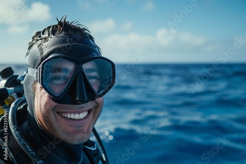 Scuba diver in gear looks at camera, prepping for a dive in the blue ocean