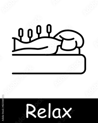 Relax line icon. Acupuncture, therapy, tea, oil, sauna, self care, towels, relaxation, wellness, traditional medicine, needles, healing, spa, alternative treatment, stress relief, health.