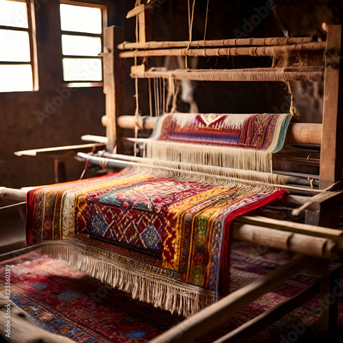 traditional indian dari or carpet being woven on a manual loom, photo